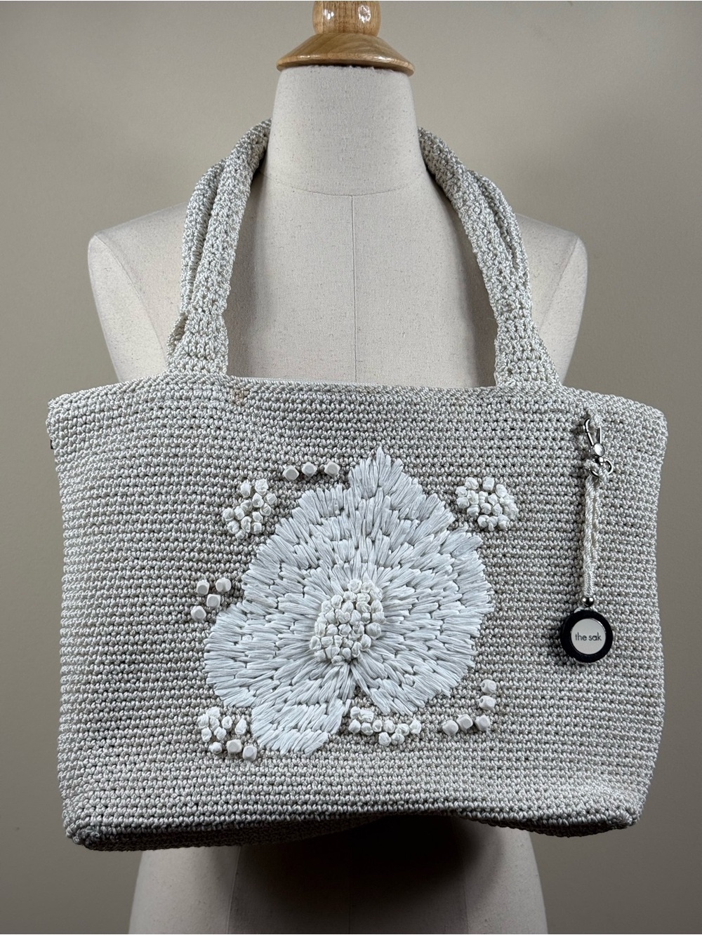 The Sak Crochet Tote Grey Embroidered Flower NWOT